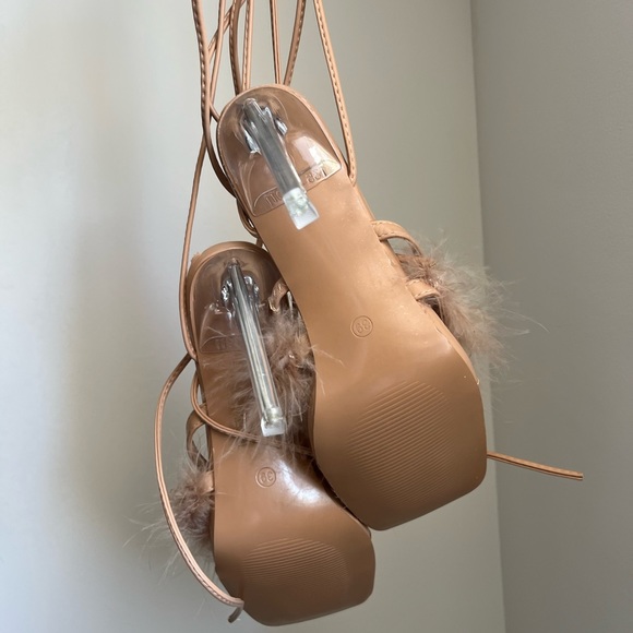 CUCCOO Fluffy Detail Stiletto Heeled Strappy Sandals in tan - Picture 2 of 2
